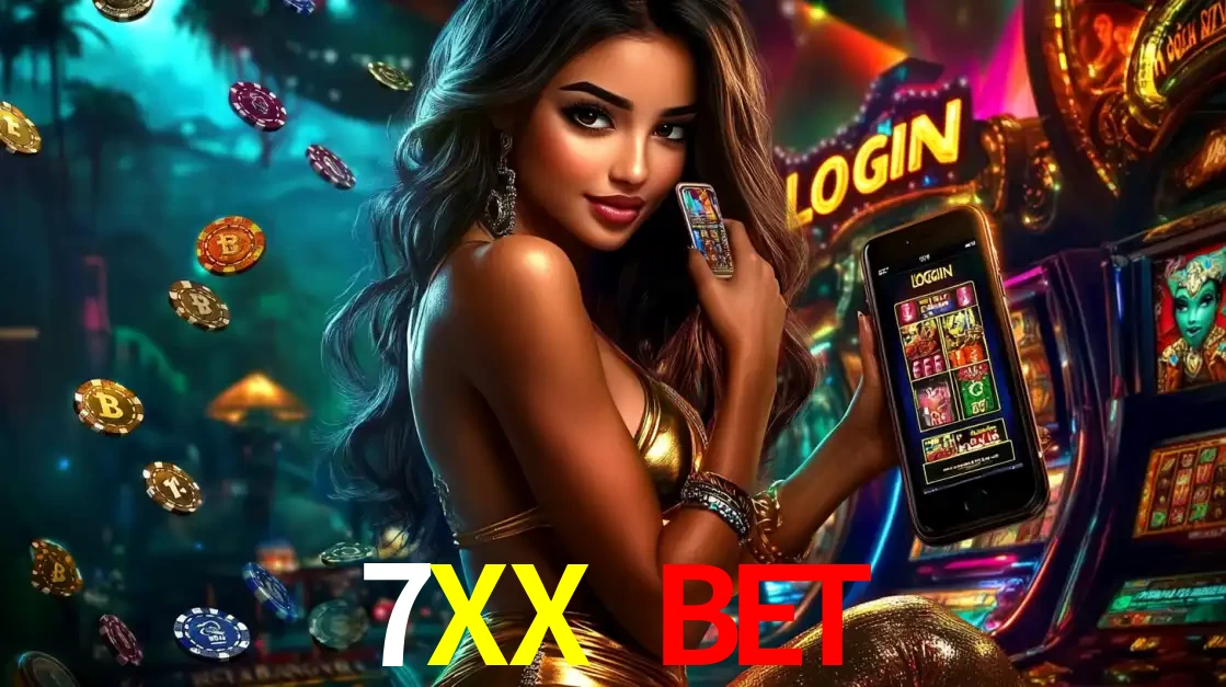 Mulher em um cenário de cassino temático de aventura, mostrando o app de caça-níqueis da 7XX BET no celular. Fichas de apostas flutuam ao redor.