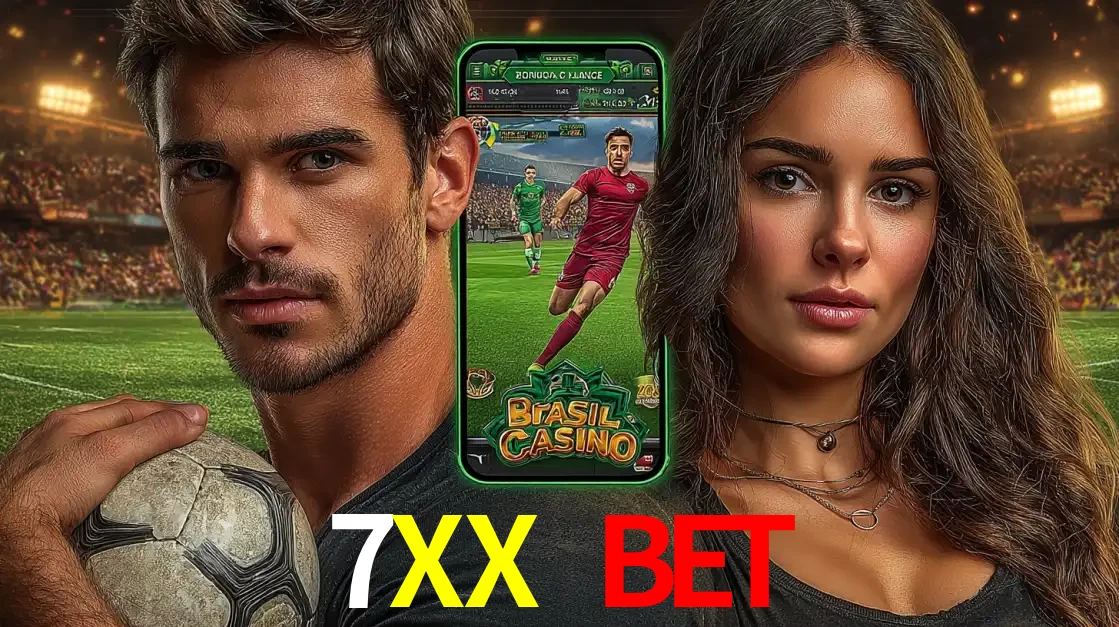 Homem segurando uma bola de futebol e uma mulher ao lado de um smartphone exibindo o jogo de apostas esportivas da 7XX BET. Faça seu palpite no cassino online.